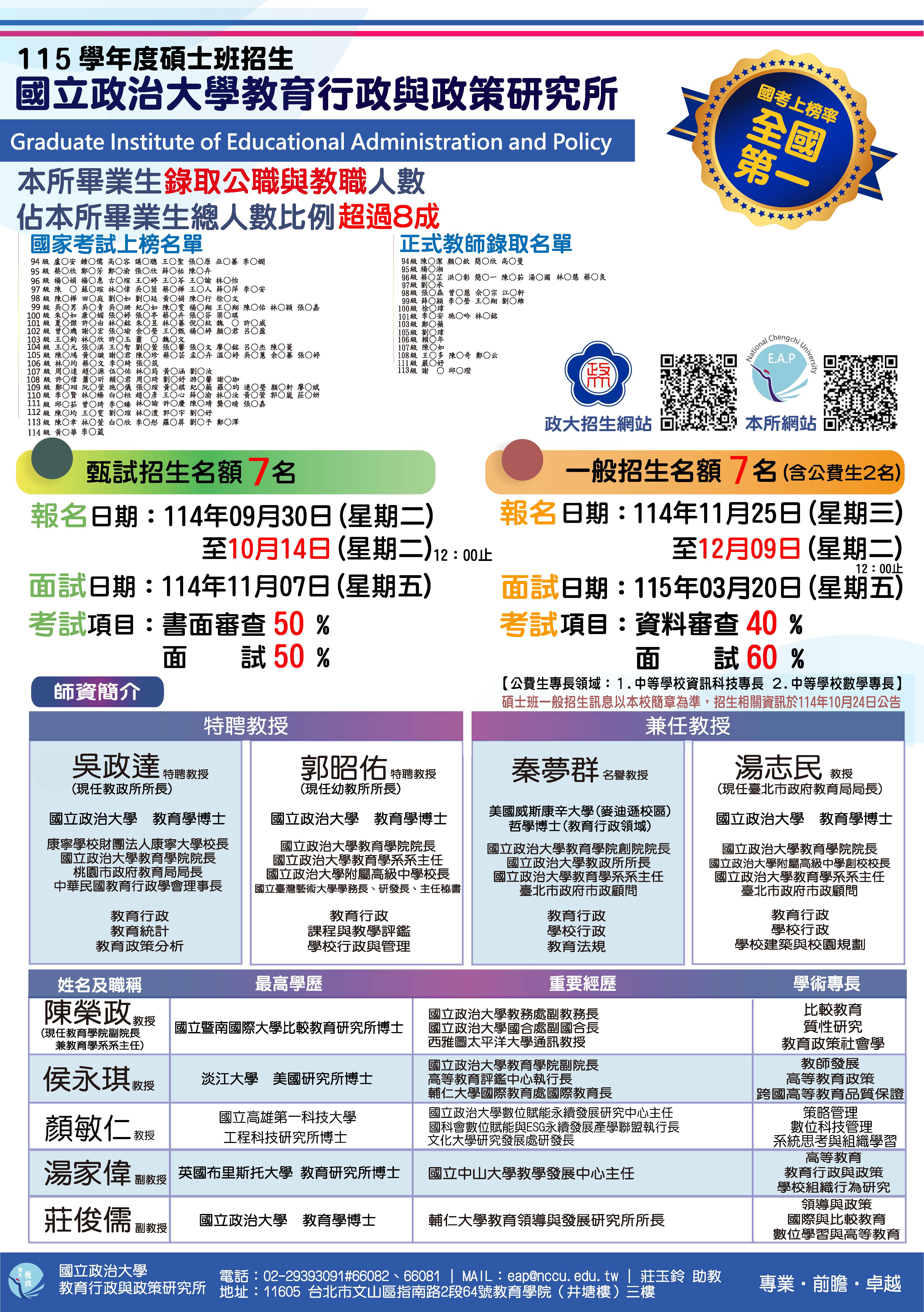 115學年度教政所碩士班甄試招生簡章（招生名額：7名）